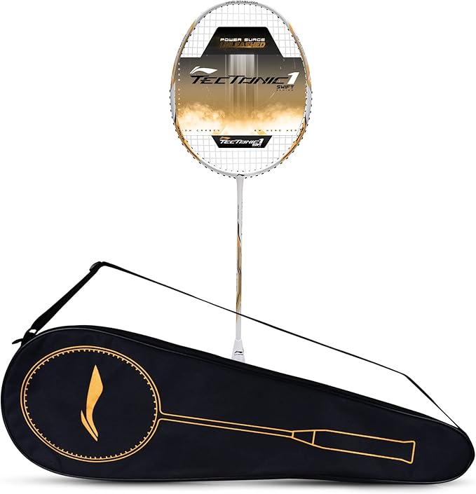 Li-Ning Tectonic 1S Carbon Fibre Badminton Racket – White/Gold, 83 Grams with Free Cover