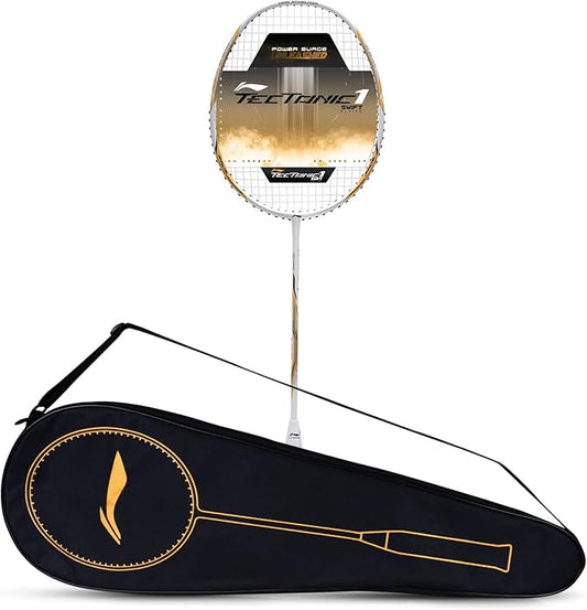 Li-Ning Tectonic 1S Carbon Fibre Badminton Racket – White/Gold, 83 Grams with Free Cover