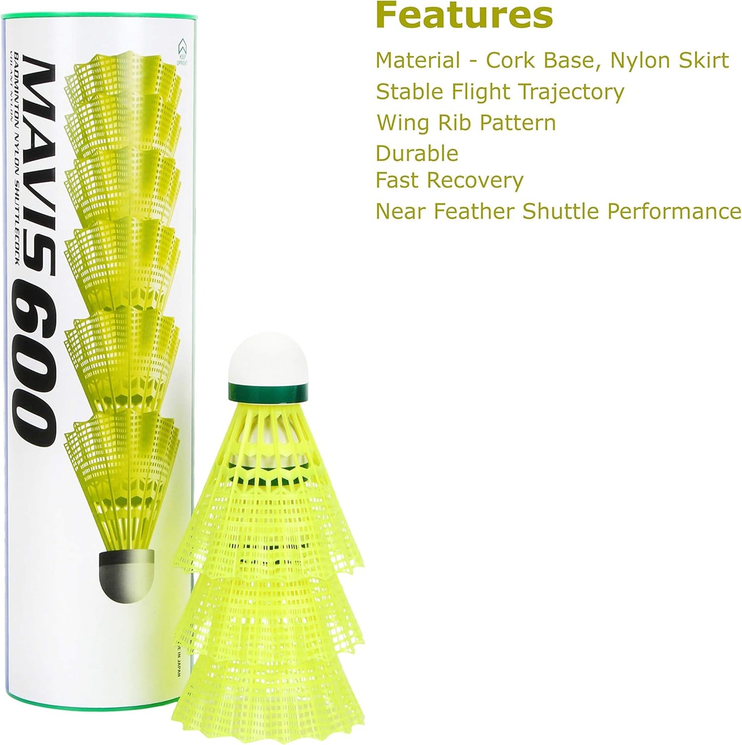 Yonex Mavis 600 Nylon Yellow Shuttlecock- Green Cap