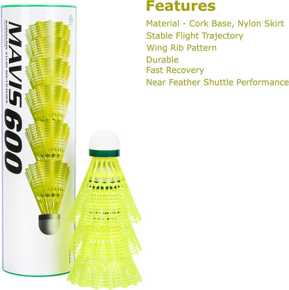 Yonex Mavis 600 Nylon Yellow Shuttlecock- Green Cap