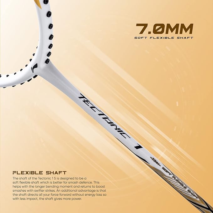Li-Ning Tectonic 1S Carbon Fibre Badminton Racket – White/Gold, 83 Grams with Free Cover