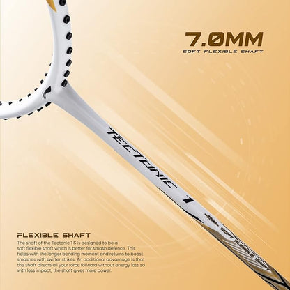 Li-Ning Tectonic 1S Carbon Fibre Badminton Racket – White/Gold, 83 Grams with Free Cover