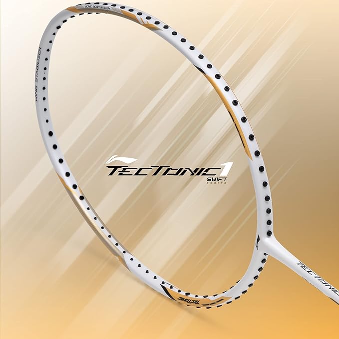 Li-Ning Tectonic 1S Carbon Fibre Badminton Racket – White/Gold, 83 Grams with Free Cover