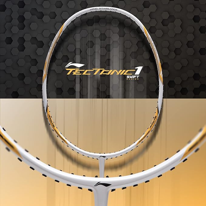 Li-Ning Tectonic 1S Carbon Fibre Badminton Racket – White/Gold, 83 Grams with Free Cover