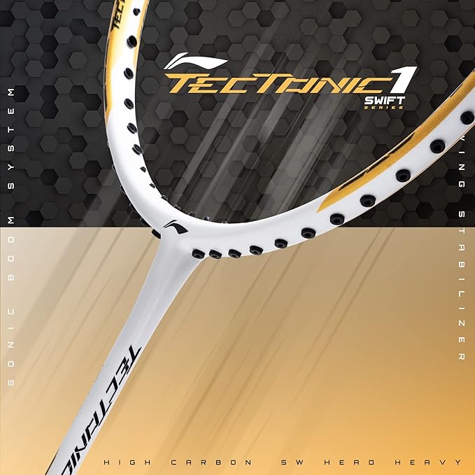 Li-Ning Tectonic 1S Carbon Fibre Badminton Racket – White/Gold, 83 Grams with Free Cover