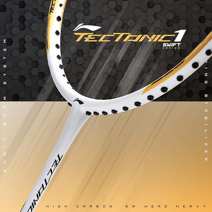 Li-Ning Tectonic 1S Carbon Fibre Badminton Racket – White/Gold, 83 Grams with Free Cover